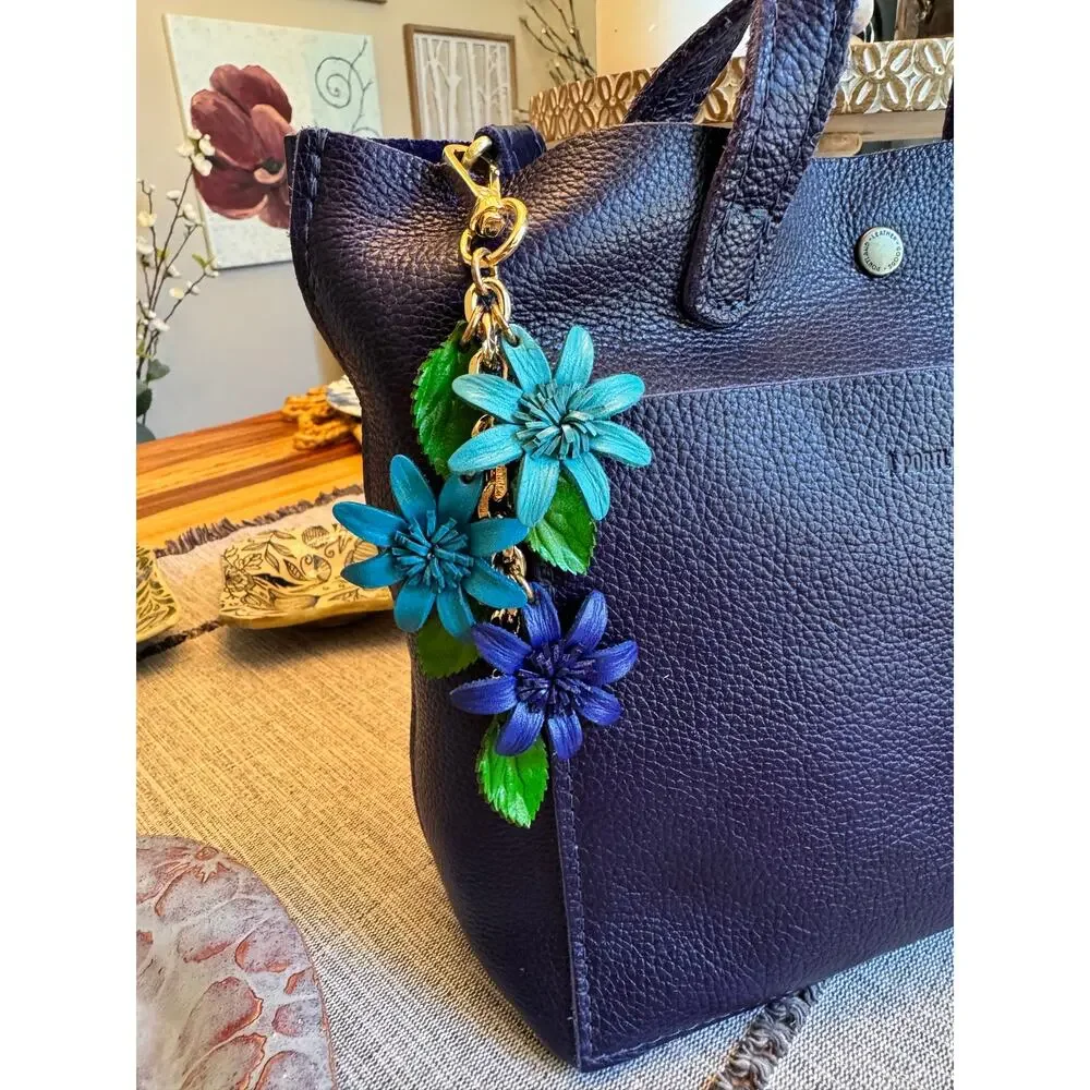 Triple Blue Flower Bag Charm Genuine Leather Purse Charm Flower Charms NEW!